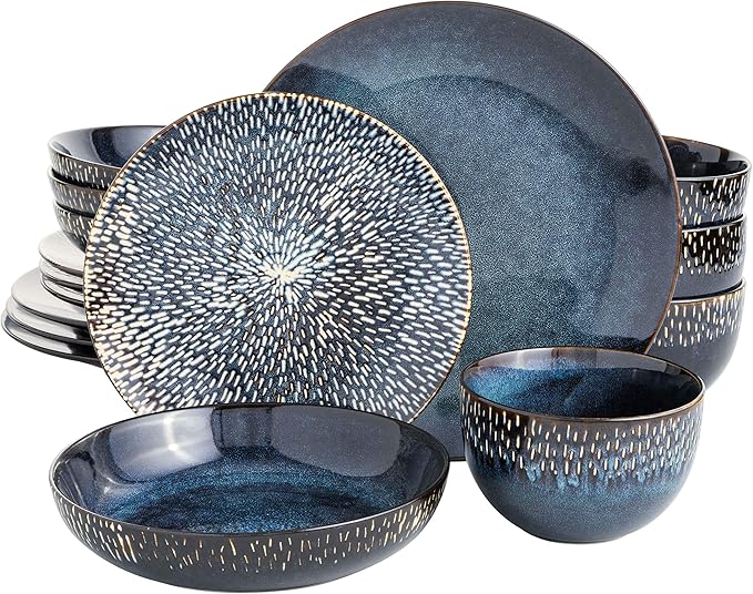 Gibson Elite Matisse 16 Piece Double Bowl Dinnerware Set Service for 4 (16pcs) Taupe and Cobalt Blue