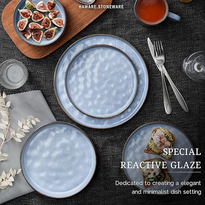 HaWare Dinnerware Sets 24-Piece Plates and Bowls Set Stoneware Dish Set for 8 Ceramic Dinnerware for Home Restaurant Chip and Scratch Resistant Microwave and Dishwasher Safe Reactive Blue