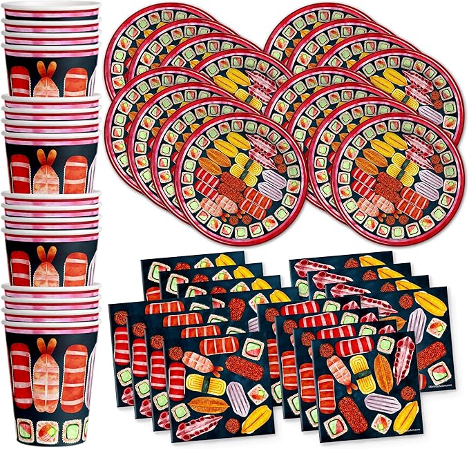 Sushi Birthday Party Supplies Set Plates Napkins Cups Tableware Kit for 16