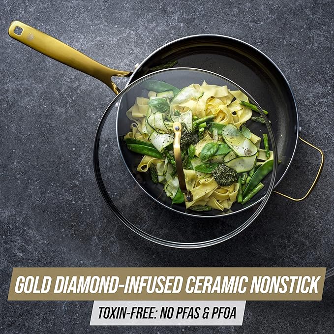 Blue Diamond 4QT Saute Pan with Lid Non Toxic Induction PFAS-Free Diamond Ceramic Nonstick Dishwasher &amp Oven Safe Metal Utensil Safe Gold Handle &amp Helper Handle Jumbo Skillet Glass Lid