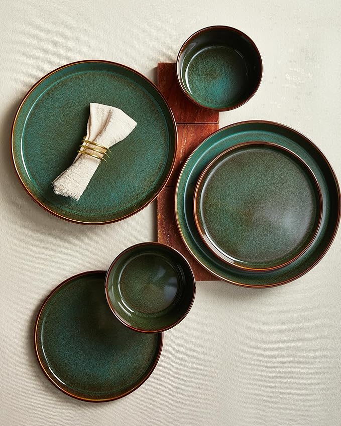 Plates and Bowls Sets for 6 Ceramic Dinnerware Sets Kitchen Dish Set Microwave &amp Dishwasher Safe Dishware Highly Durable Reactive Glazed Dinner Set Brown Green