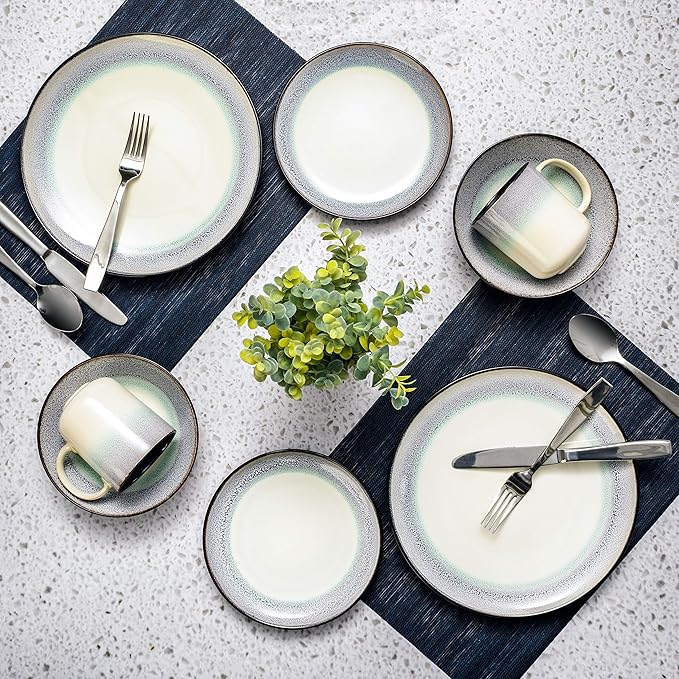 Gibson Elite Rings of Saturn Round Reactive Glaze Stoneware Dinnerware Set Service for Four (16pcs) Teal Blue