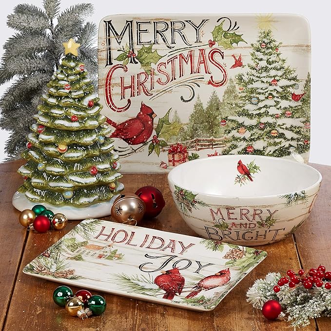 Evergreen Christmas 16-Piece Dinnerware Set – Ceramic Holiday Plates Bowls &amp Mugs with Cardinal &amp Script Design – Service for 4 – Festive Dining for Christmas Gatherings