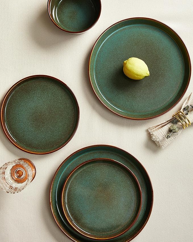 Plates and Bowls Sets for 6 Ceramic Dinnerware Sets Kitchen Dish Set Microwave &amp Dishwasher Safe Dishware Highly Durable Reactive Glazed Dinner Set Brown Green