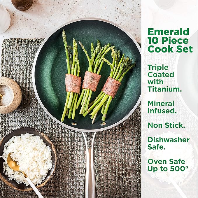 Granitestone Diamond Granite Stone Classic Emerald Pots and Pans Set with Ultra Nonstick Durable Mineral &amp Diamond Tripple Coated Surface Stainless Steel Stay Cool Handles 10 Piece Cookware Gre