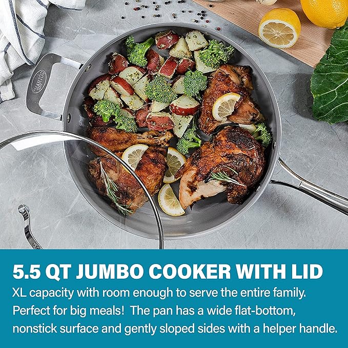 Gotham Steel Nonstick 5.5 Quart Sauté Pan with Lid Ceramic Jumbo Cooker Fry Pan with Glass Lid Stay Cool Handle + Helper Handle Oven Stovetop &amp Dishwasher Safe 100% PFOA Free Aqua Blue