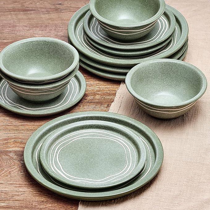 Pfaltzgraff Nature's Pallet 12 Piece Stoneware Dinnerware Set Service for 4 Modern Style High Rims for Everyday use Green