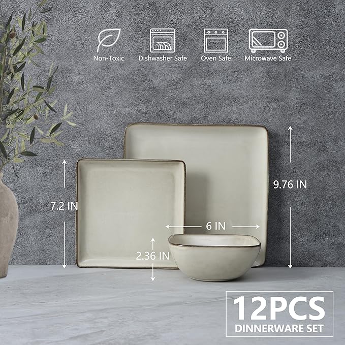 E-far Square Plates and Bowls Sets 12-Piece Stoneware Dinnerware Sets for 4 Reactive Glaze Dish Set Chip and Scratch Resistant Microwave and Dishwasher Safe Sandy Beige
