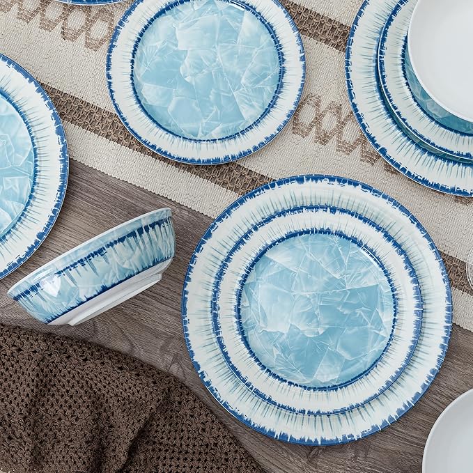 18 pcs Melamine Dishes Dinnerware Sets Lightweight Dinner Dish Set for Indoor and Outdoor Use Unbreakable Kitchen Plates and Bowls SetService for 6 Dishwasher SafeLight Blue