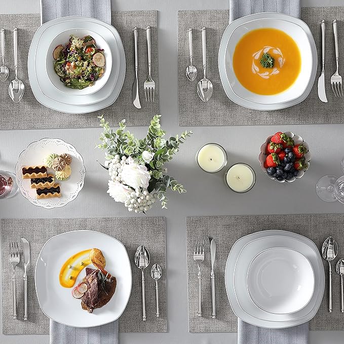 MALACASA Dinnerware Sets 24 Piece Porcelain Square Dishes White with Silver Rim Plates and Bowls Sets Ceramic Dish Set for 6 Chip Resistant Dishware Sets Series ELISA