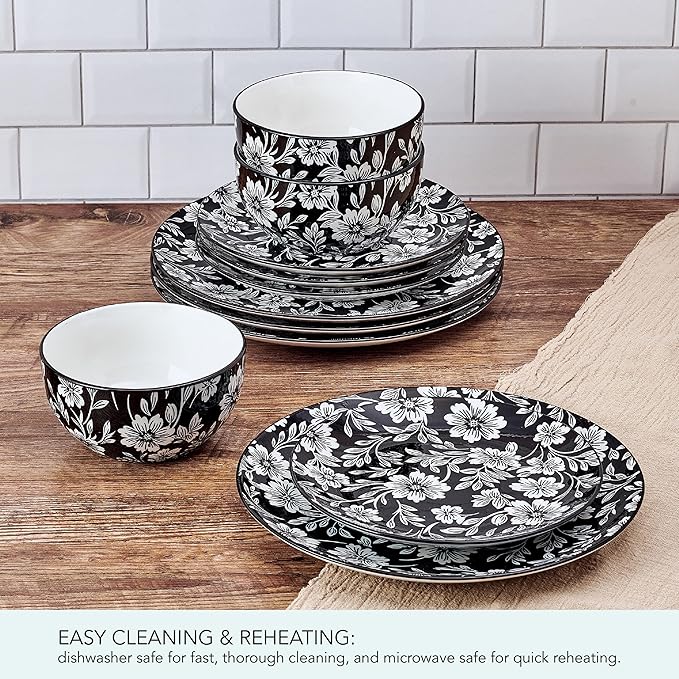 Pfaltzgraff Midnight Blooms 12 Piece Floral Stoneware Dinnerware Plate Bowl Dish Set Service for 4 Black