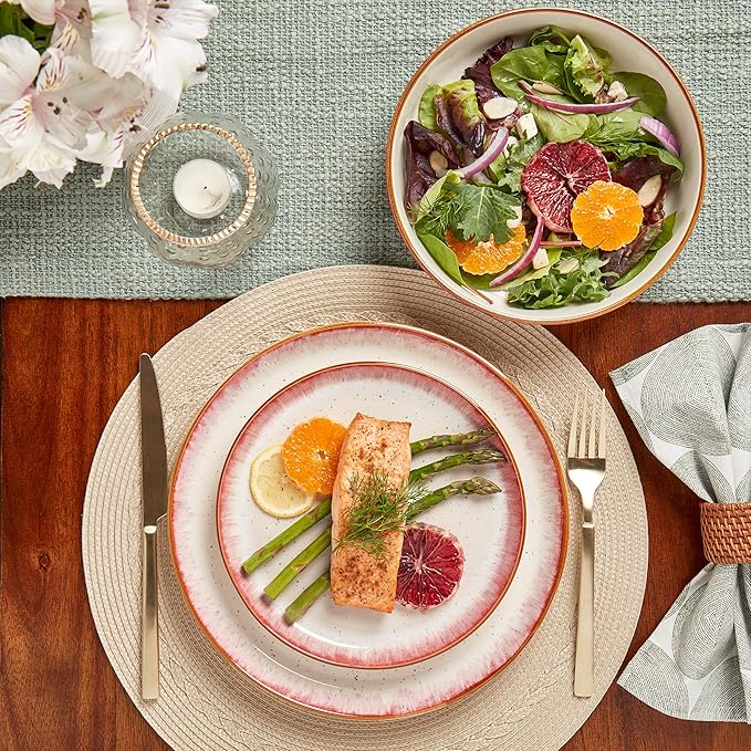 Tabletops Gallery Speckled Farmhouse Collection- Stoneware Dishes Service for 4 Dinner Salad Appetizer Dessert Plate Bowls 12 Piece Hanover Dinnerware Set in Berry