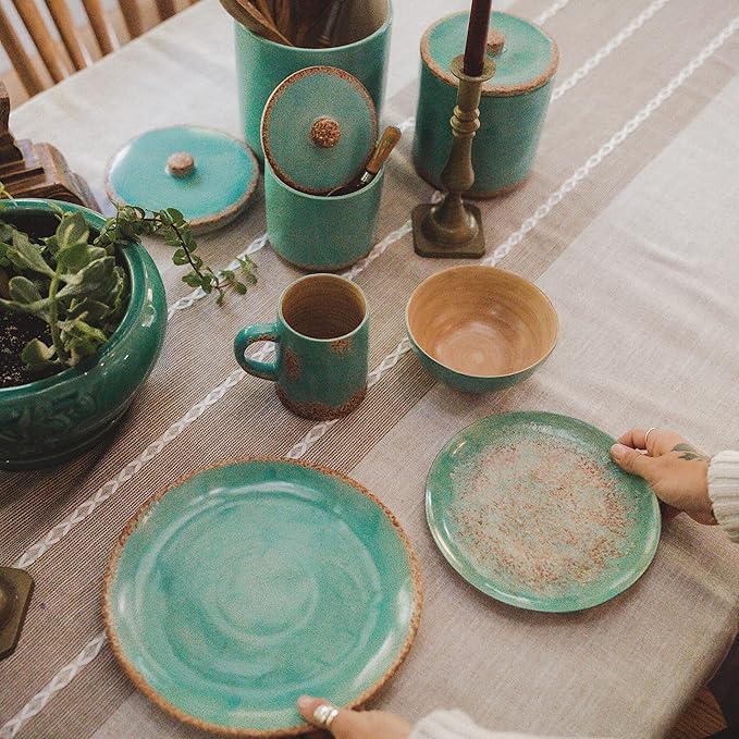 Paseo Road Patina Turquoise 16 Piece Ceramic Southwestern Rustic Cabin Dinnerware Set with Plates Bowls and Mugs