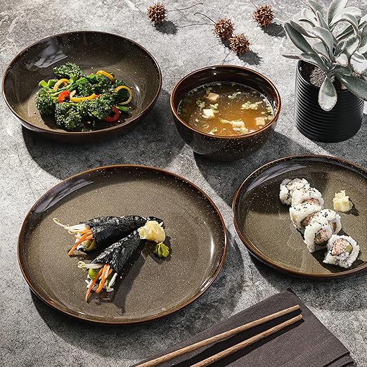 Gibson Elite Edwina 16-Piece Double Bowl Dinnerware Set Service for 4 – Dark Green Stoneware Plates and Bowls