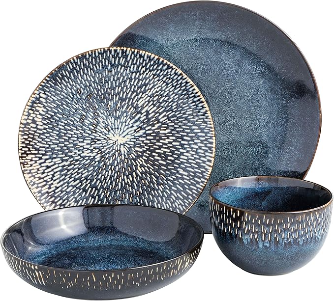 Gibson Elite Matisse 16 Piece Double Bowl Dinnerware Set Service for 4 (16pcs) Taupe and Cobalt Blue