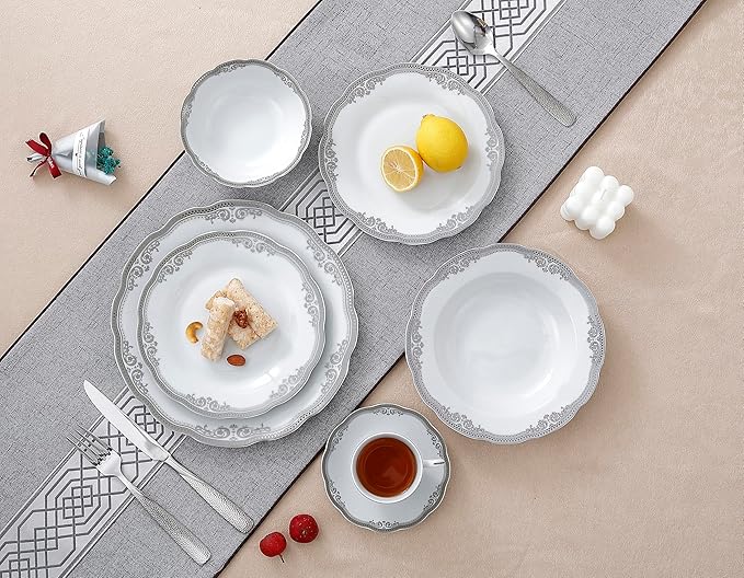 Lorren Home Trends Elizabeth-24 24 Piece Elizabeth Design Porcelain Wavy Edge Dinnerware Set White