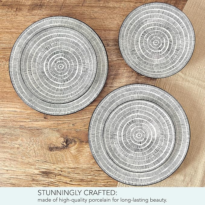 Pfaltzgraff Sketch Serenade Geometric 12 Piece Plates Bowls Dinnerware Set Black and White