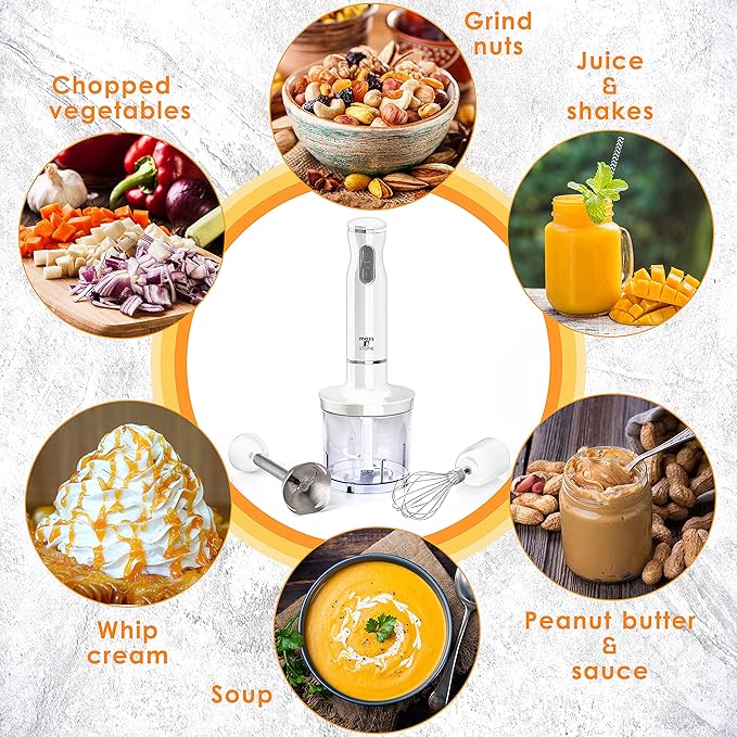 Moss &amp Stone Hand Blender With Egg Whisk &amp Chopper Powerful 300 Watt - Stick Blender Hand Mixer Set Stainless Steel Shaft &amp Blades White Handheld Blender With Ergonomic Handle
