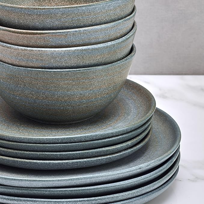 Mikasa Benson 12 Piece Stoneware Dinnerware Set Service for 4 Plate and Bowl Modern with Organic Freeform Shape for Everyday Dining Blue