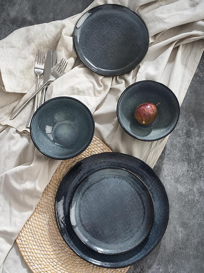 Famiware Moonlight Plates and Bowls Sets 18 Pieces Stoneware Dinnerware Sets with Linen Finish Handmade Dishware set for 6 Microwave and Dishwasher Safe Scratch Resistant Tableware Dark Blue