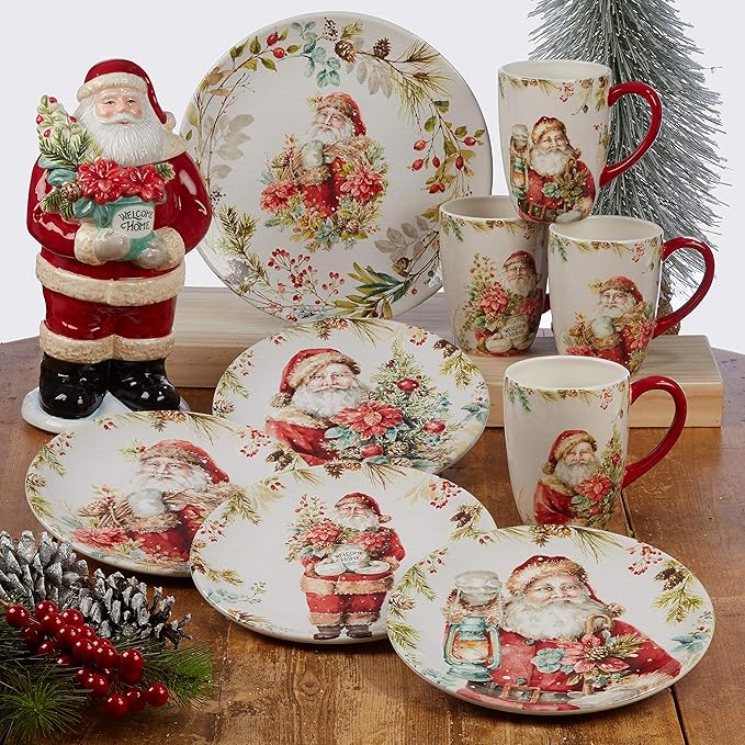 Christmas Story 16pc Dinnerware Set – Service for 4 with Santa Plates Bowls &amp Mugs – Vintage Holiday Ceramic Set Featuring Festive Art Red Accents &amp Seasonal Charm