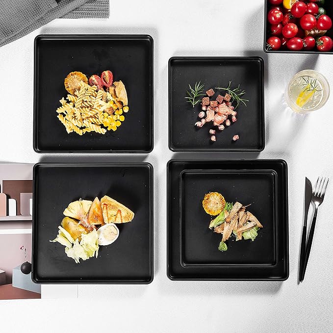 Melamine Dinnerware Sets - 12pcs Square Plates and Bowls Set Dishes Set Black