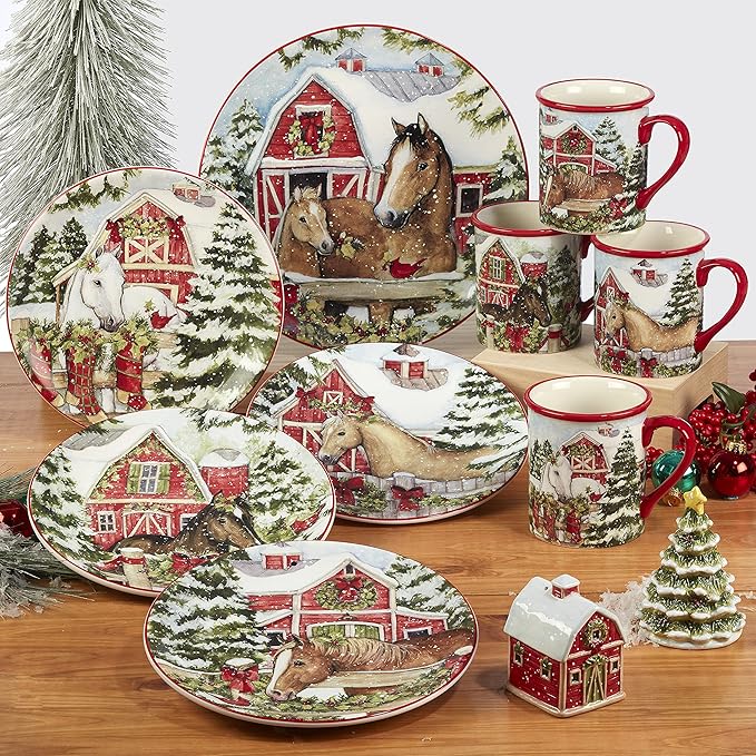 Homestead Christmas 16-Piece Dinnerware Set – Holiday Tableware for 4 with Festive Horse &amp Barn Scenes – Winter Ceramic Plates Bowls &amp Mugs – Farmhouse Country Christmas Décor