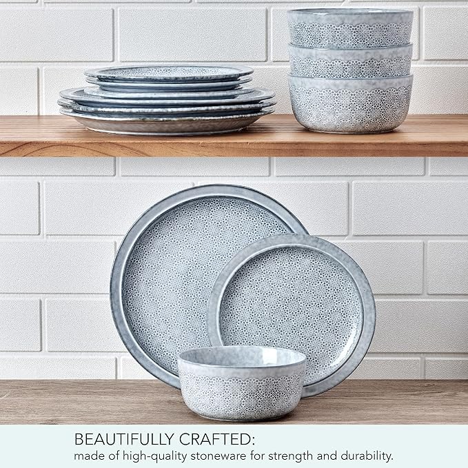 Pfaltzgraff Blooming Meadow 12 Piece Plates Bowls Dinnerware Set Service for 4 Blue