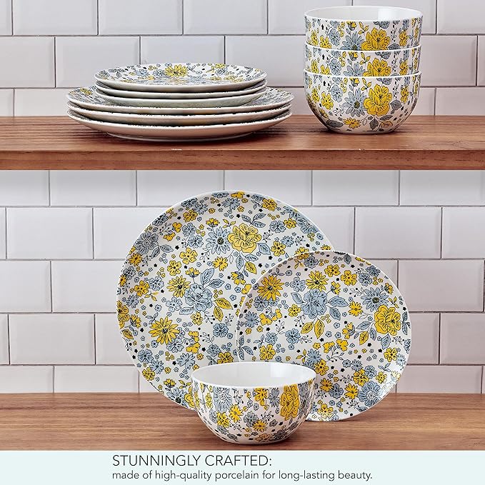 Pfaltzgtraff Vibrant Garden 12 Piece Floral Stoneware Dinnerware Plate Bowl Dish Set Service for 4