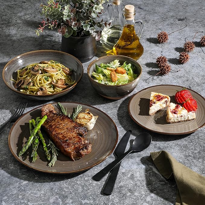 Gibson Elite 16 Piece Dreamweaver Double Bowl Terracotta Reactive Dinnerware Set - Earthy Brown Service for 4 (16pcs)