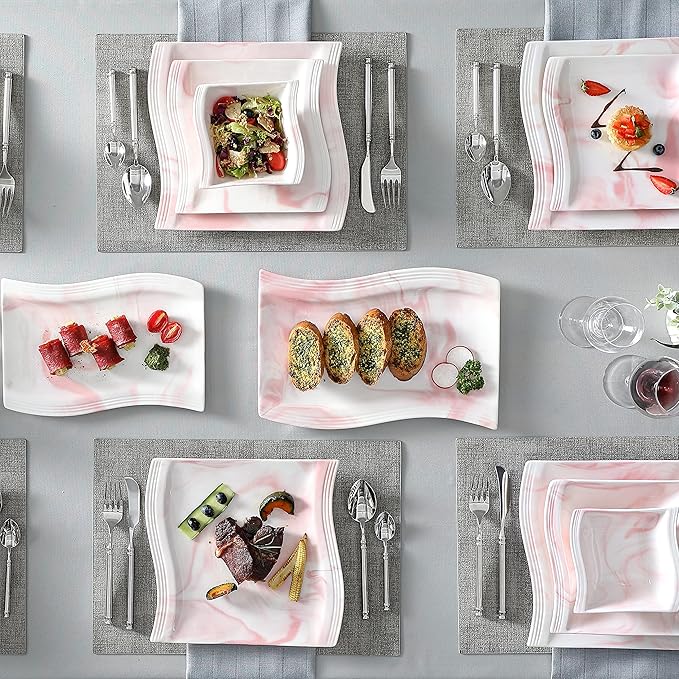 MALACASA Plates and Bowls Sets 26 Pieces Pink Dinnerware Sets for 6 Porcelain Dinnerware Set with Dinner Plates and Bowls Serving Platters Square Dishware Sets Modern Dish Set Series Flora