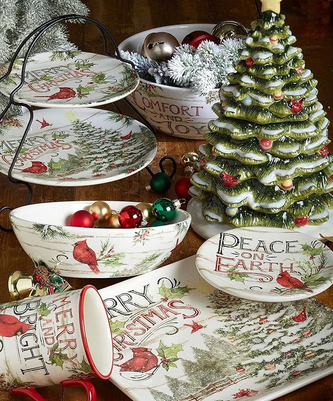 Evergreen Christmas 16-Piece Dinnerware Set – Ceramic Holiday Plates Bowls &amp Mugs with Cardinal &amp Script Design – Service for 4 – Festive Dining for Christmas Gatherings