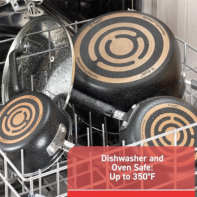 T-Fal Signature Nonstick Pots and Pans Set 12 Piece Oven Broiler Safe 350F Kitchen Cookware Set w/Fry Pans Saucepans Saute Pan Dutch Oven Griddle Kitchen Home Dishwasher Safe Black