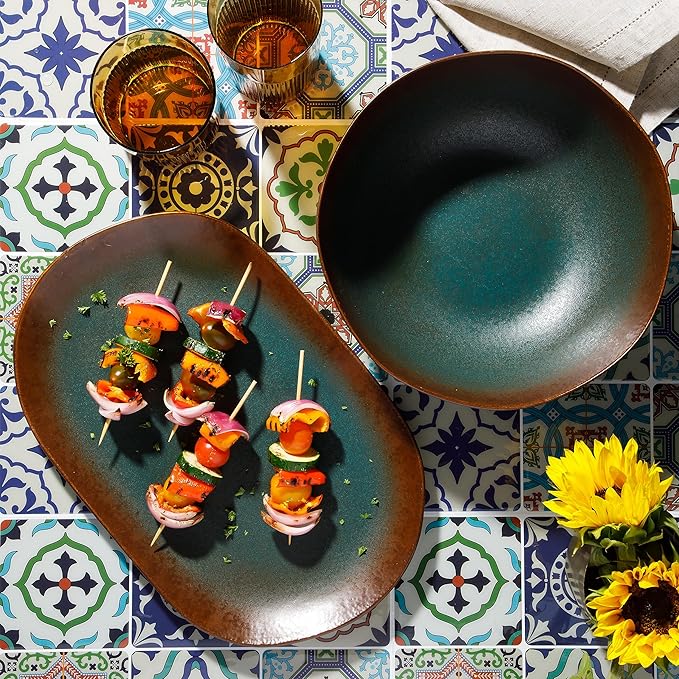 Bloomhouse - Two Time Oprah's Favorite Things Winner - Palermo Sun 2 Piece Serving Bowl and Oval Platter Stoneware Reactive Glaze Serveware Set - Agave Blue