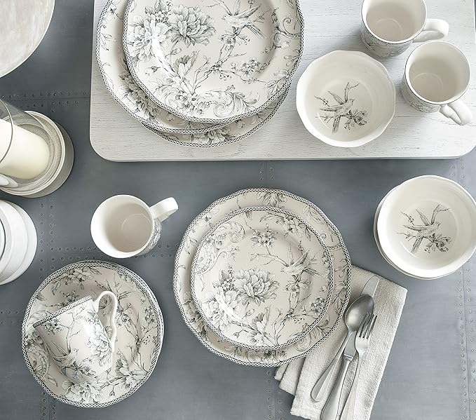 222 Fifth Adelaide 16-Piece Traditional Antique White Porcelain Dinnerware Set – Service for 4 Romantic Bird &amp Floral Design Everyday Big Dinner Plates and Bowls Sets Microwave &amp Dishwasher