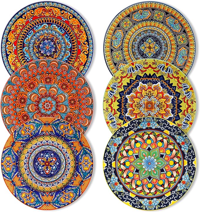 vancasso Colorful Dinner Plates Set of 6 10.5 Inch Ceramic Kitchen Plates for Dinner Bohemian Printed Dishes for Dining Microwave &amp Dishwasher Safe Plate Set Series KRVI