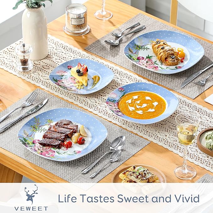 VEWEET'Hannah' 18-Piece Dinner Set Porcelain Dinnerware Set for 6 People with 6 Dessert Plates 180 ml Soup and Dinner Plates
