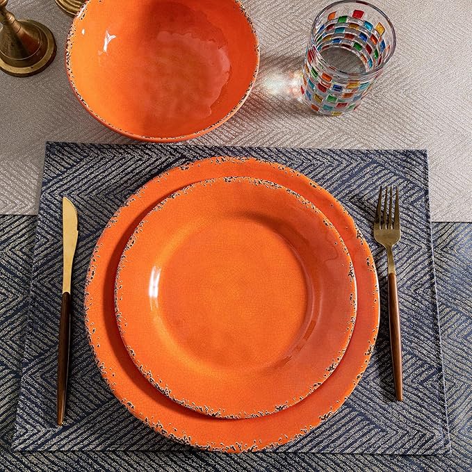 Rustic Melamine Dinnerware Sets Farmhouse Dishes Set for 4 Lightweight 12 Piece Kitchen Plates and Bowls Set for Indoor and Outdoor Use Dishwasher Safe Orange