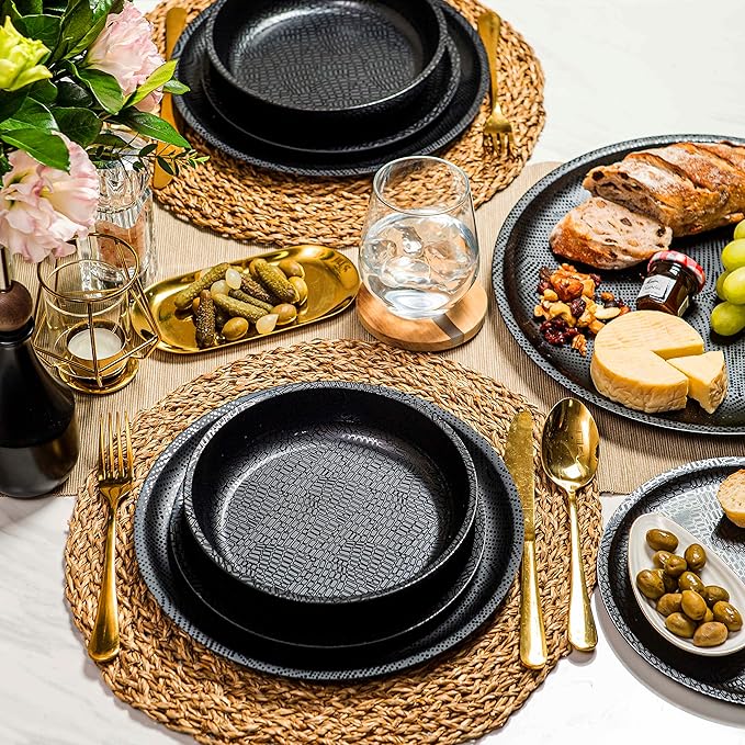 bzyoo 12 Piece Melamine Dinnerware Set - Durable Dishwasher Safe Black Plates and Bowls - Casual Dining Parties Camping Dish Set Mono Black Collection