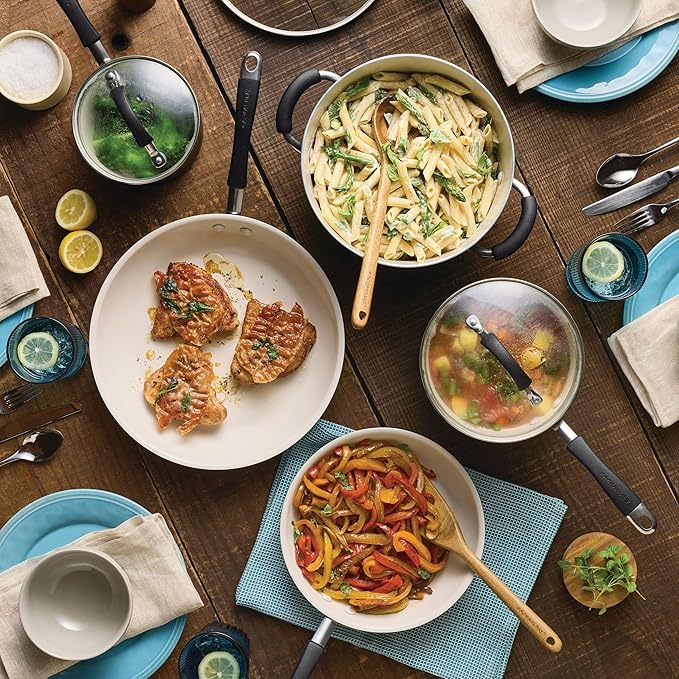 Rachael Ray Cucina Ceramic Nonstick Pots and Pans Set with Saucepans Frying Pans Stockpot Lids and Pan Protectors 10 Piece Non Stick Cookware Set Dishwasher Safe - Peppercorn
