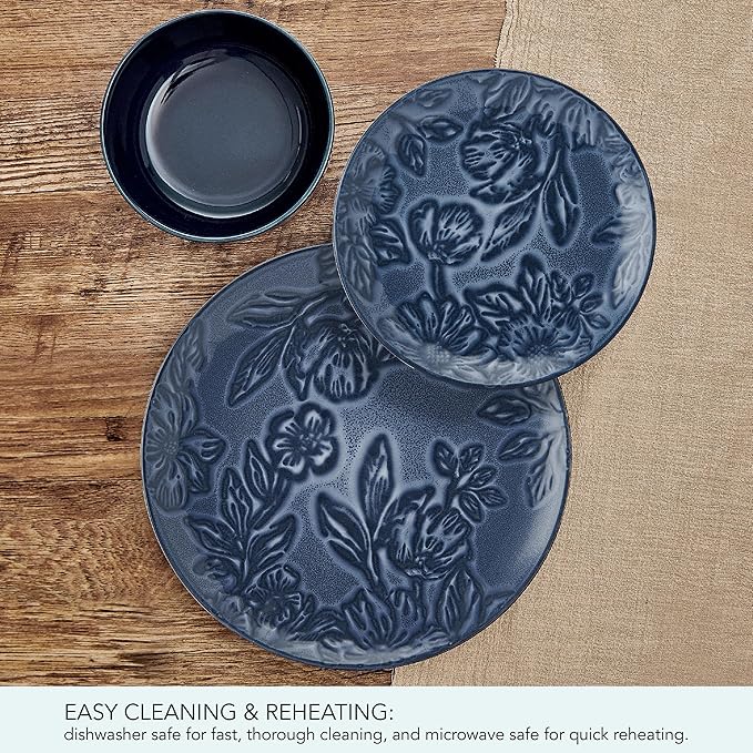 Paltzgraff Garden Elegance 12 Piece Floral Stoneware Dinnerware Plate Bowl Dish Set Service for 4 Blue