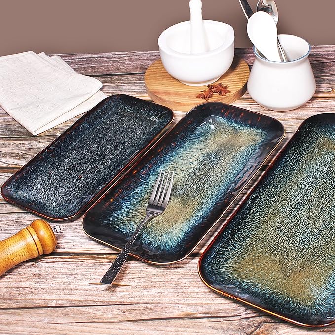 Porcelain Dinner Plates Platters Set of 2 for Fruit dessert snack platter Bread cupcake Salad - Microwave Dishwasher Safe Scratch Resistant durable Black Reactive glaze