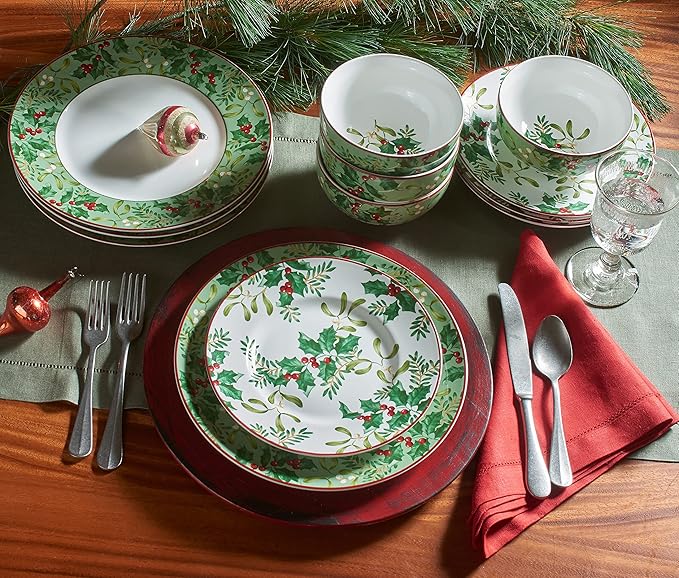 222 Fifth Christmas Foliage 12-Piece Porcelain Dinnerware Set for 4 - Glossy White Plates and Bowls Sets with Green Holly and Berry Design Durable Ceramic Dish Set for Holiday Dining Elegant Dishes