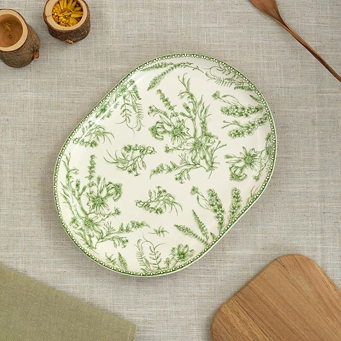 Bico Green Garden Toile De Jouy 16 plus 12 inch Oval Platters Set Set of 2 Microwave and Dishwasher Safe for Serving Fish Chicken Turkey