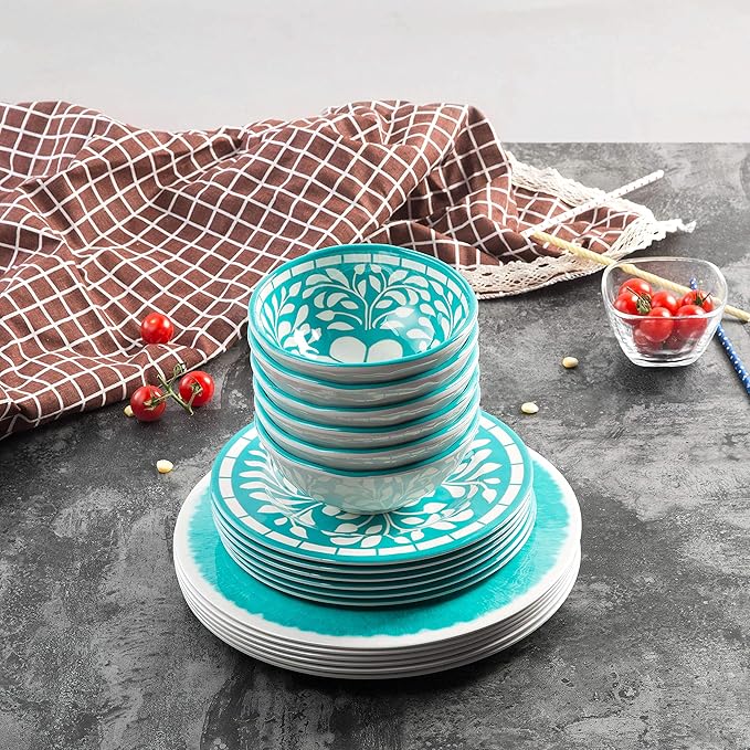 Melamine Dinnerware Sets -12 Piece Plates and Bowls Set for Indoor and Outdoor Use LightweightTeal colorGreen