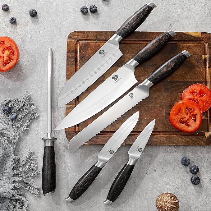 WILDMOK Knife Set 7 Piece Kitchen Knife Set with Block Wooden German Stainless Steel Sharp Chef Knife Set with Sharpener