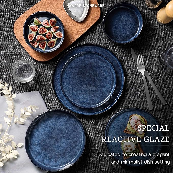 HaWare Dinnerware Sets 24-Piece Plates and Bowls Set Stoneware Dish Set for 8 Ceramic Dinnerware for Home Restaurant Chip and Scratch Resistant Microwave and Dishwasher Safe Reactive Starry Blue