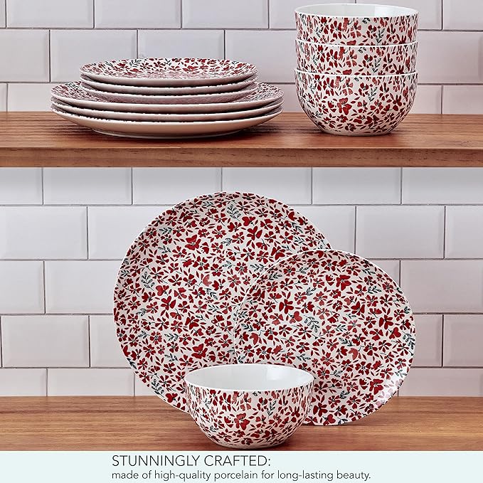 Pfaltzgraff Radiant Blossom 12 Piece Floral Stoneware Dinnerware Plate Bowl Dish Set Service for 4 Red