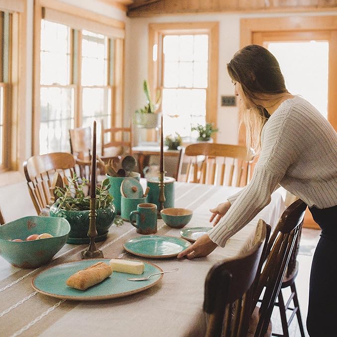 Paseo Road Patina Turquoise 16 Piece Ceramic Southwestern Rustic Cabin Dinnerware Set with Plates Bowls and Mugs