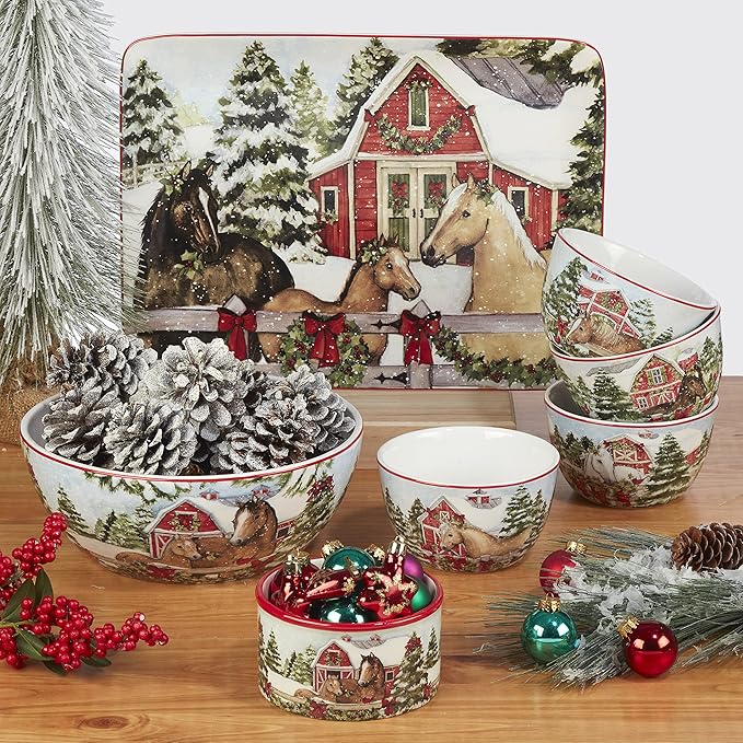Homestead Christmas 16-Piece Dinnerware Set – Holiday Tableware for 4 with Festive Horse &amp Barn Scenes – Winter Ceramic Plates Bowls &amp Mugs – Farmhouse Country Christmas Décor